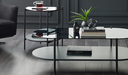 Riosa Oval Glass Coffee Table with Shelf and Black Metal Base