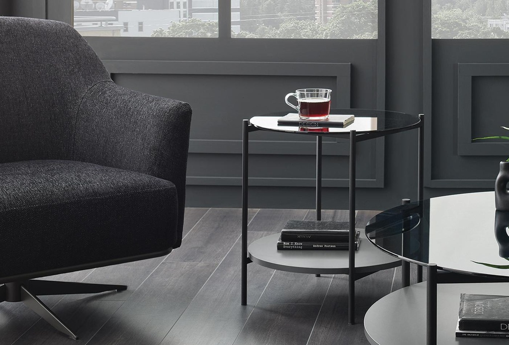 Riosa Round Glass Side Table – Black Metal & Smoked Finish
