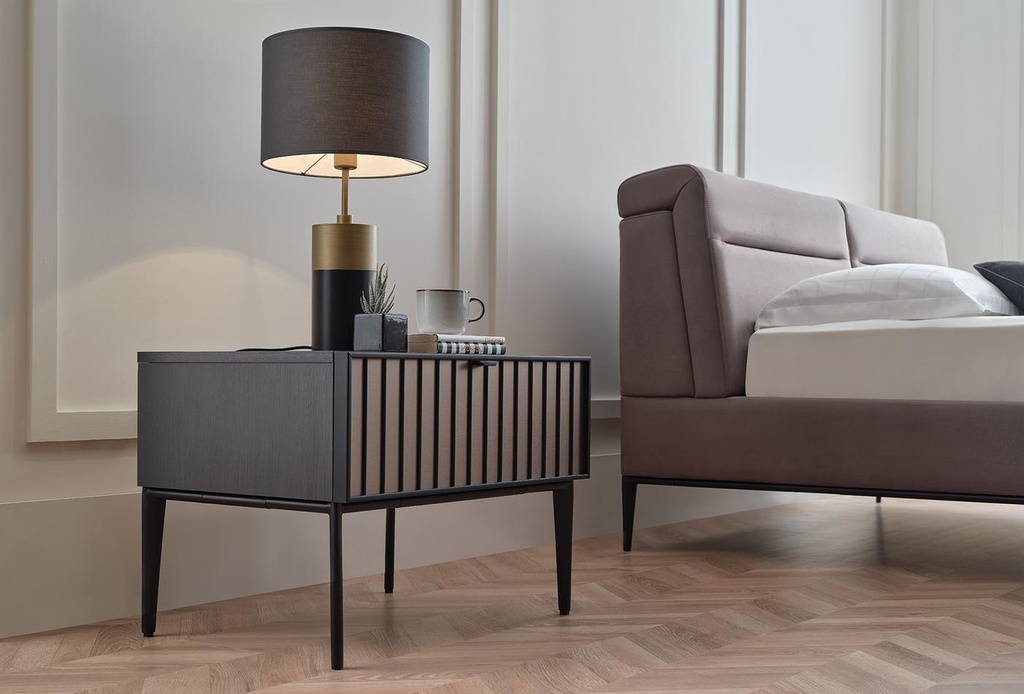 Riga Designer Bedside Table – Walnut & Black with Metal Legs