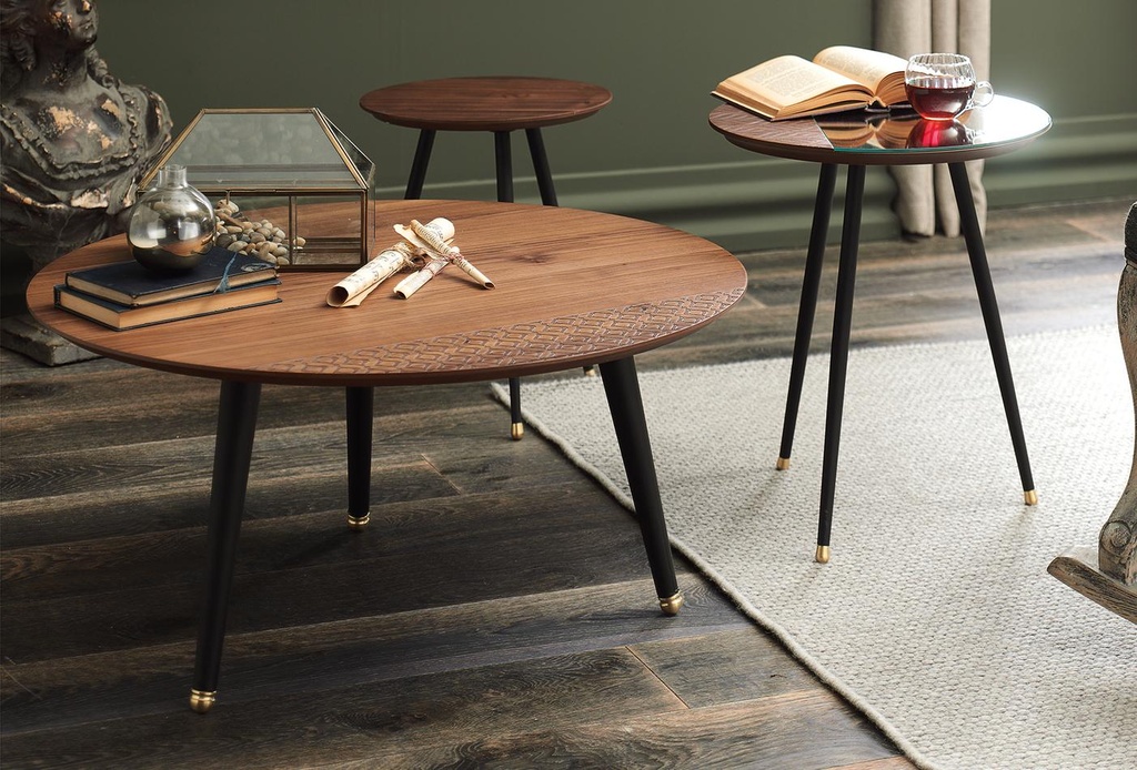 Gong Coffee Table – Walnut Wood Top & Black Metal Legs with Gold Accents