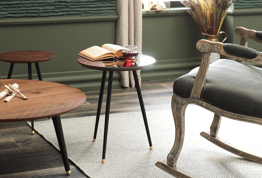 Gong Side Table – Walnut Timber & Mirror Top